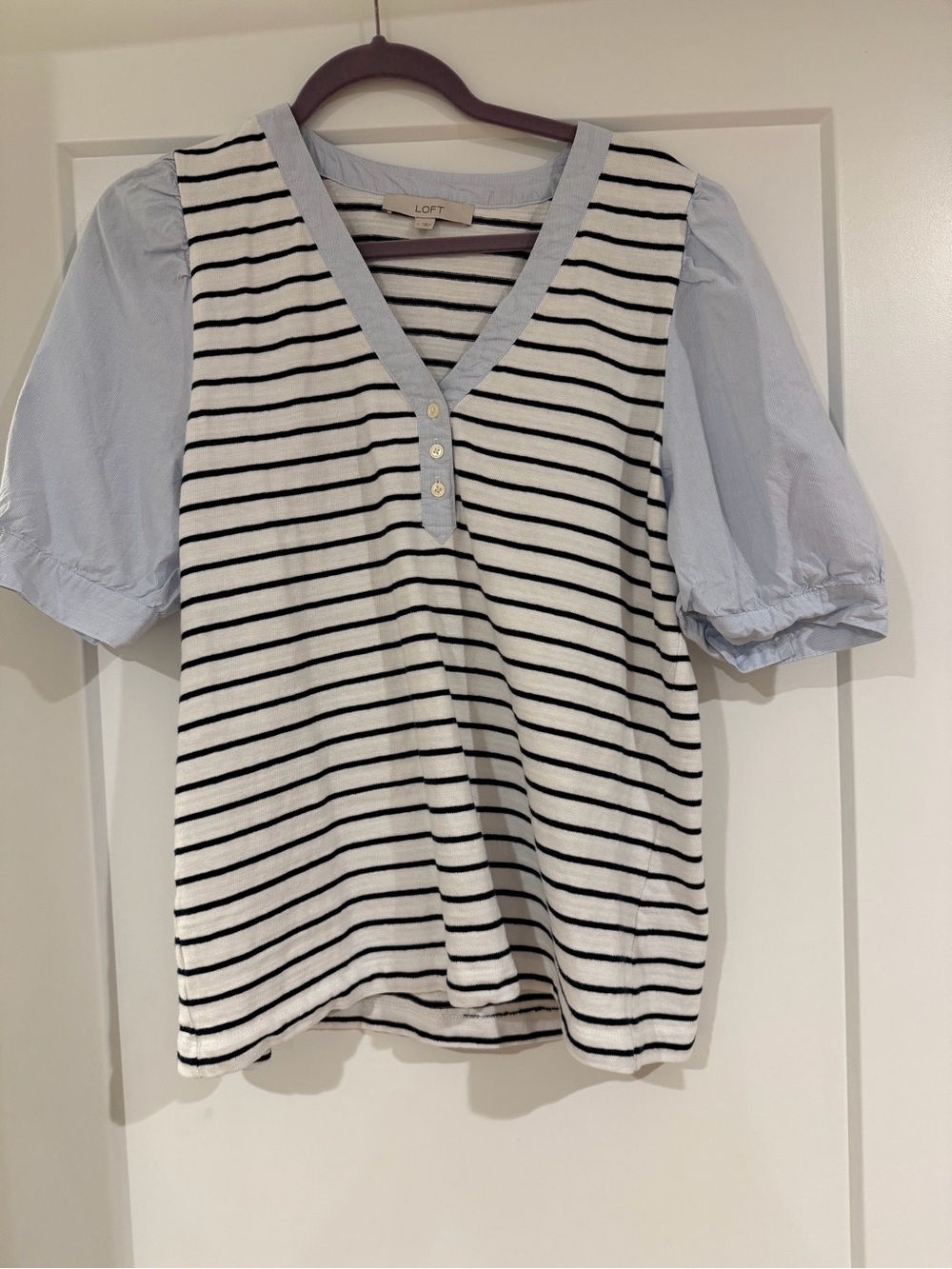 LOFT Striped Button-Front Top in White and Light Blue